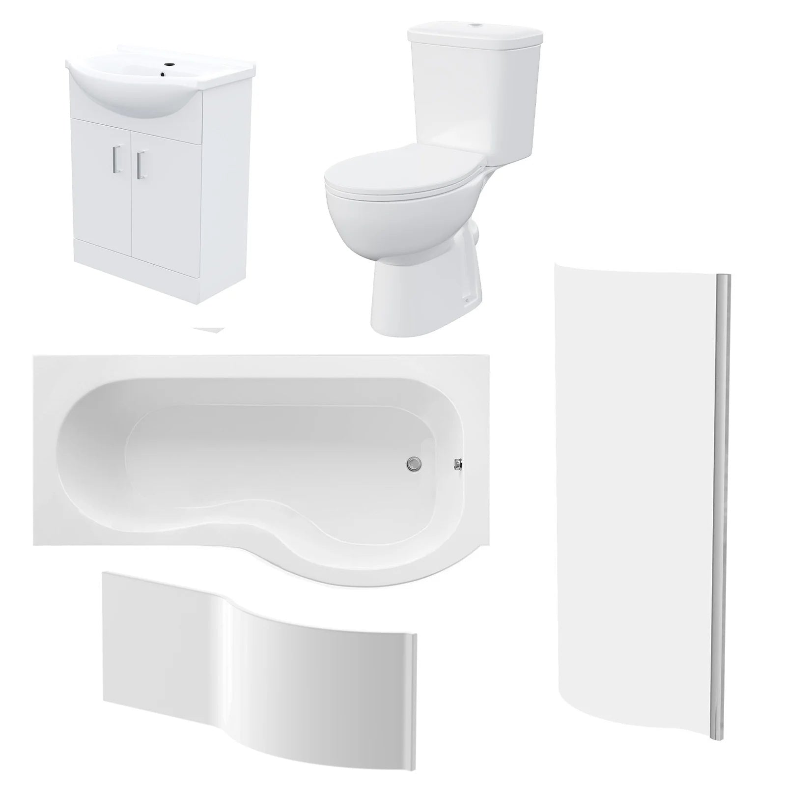1500mm RH P Shaped Bathroom Suite, Front Panel & Screen With Vanity & Toilet