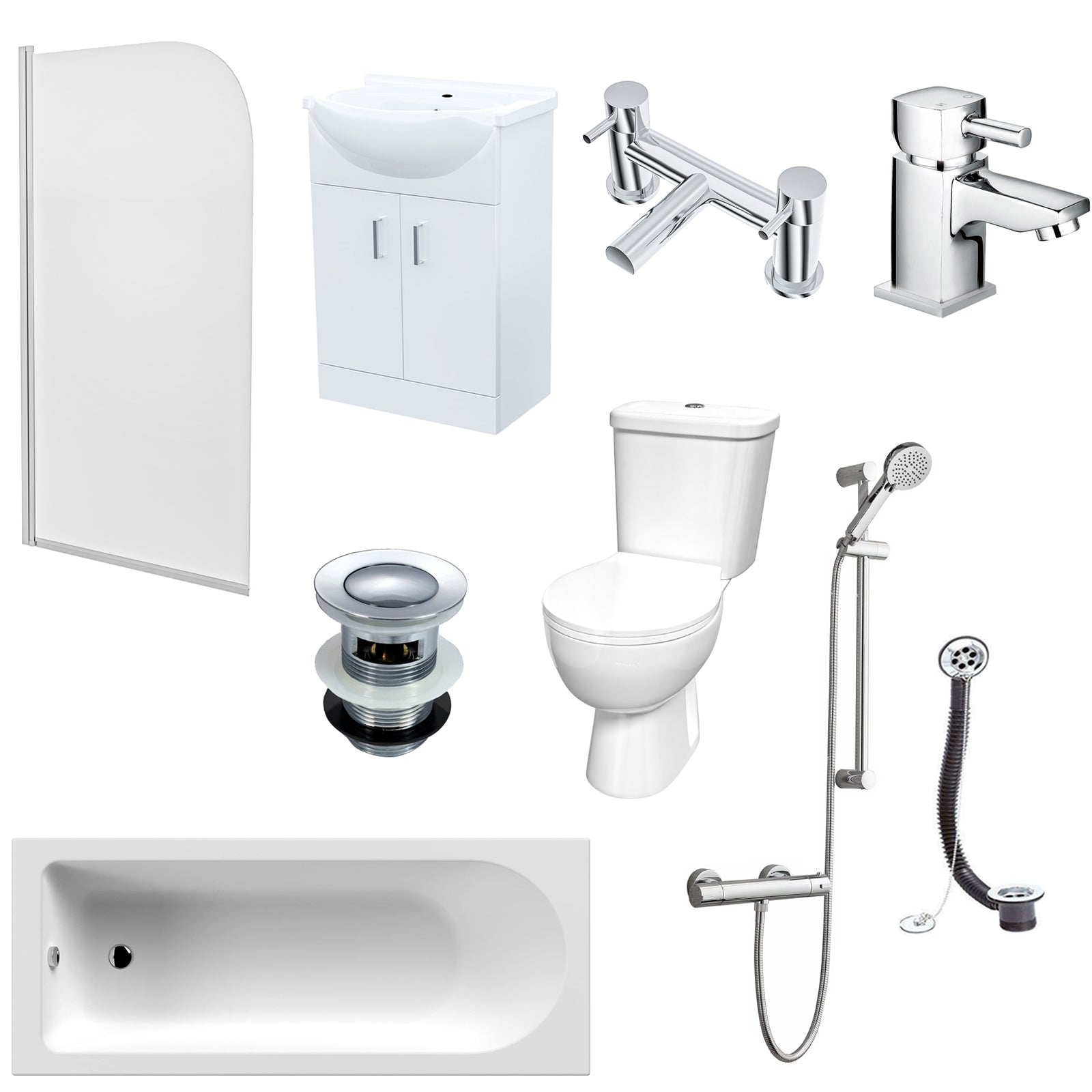 Collection of bathroom fixtures including a bathtub, sink, toilet, various faucetsBath Waste and Overflow with Poly Plug and Ball Chain on a white background.