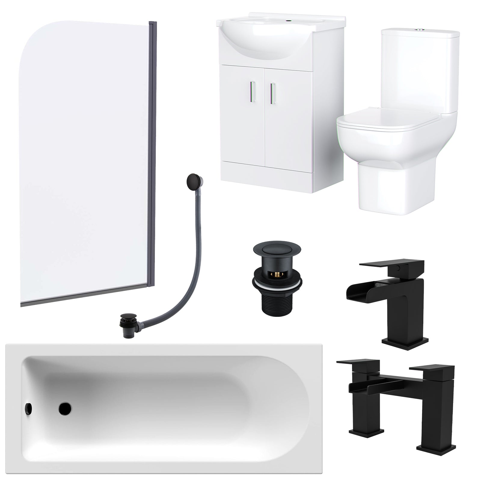 Facilities of bathroom fixtures including a bathtub, sink, toilet, bathtub mixer tap, faucet, basin waste, bath waste, overflow with poly plug and ball chain and glass divider on a white background.