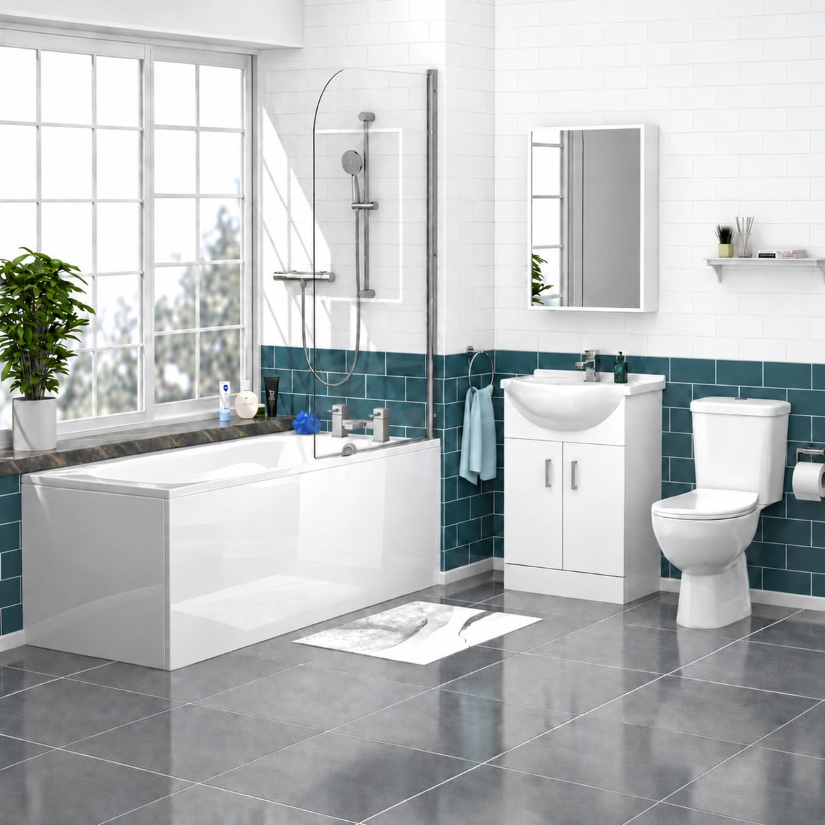 Ellen 1700mm Round Bath with Screen, 550mm Basin Vanity Unit & Close Coupled Toilet - Set with Chrome Fittings