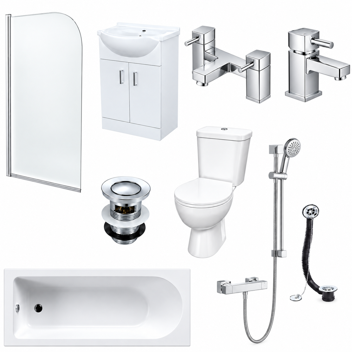 Ellen 1700mm Round Bath with Screen, 550mm Basin Vanity Unit & Close Coupled Toilet - Set with Chrome Fittings