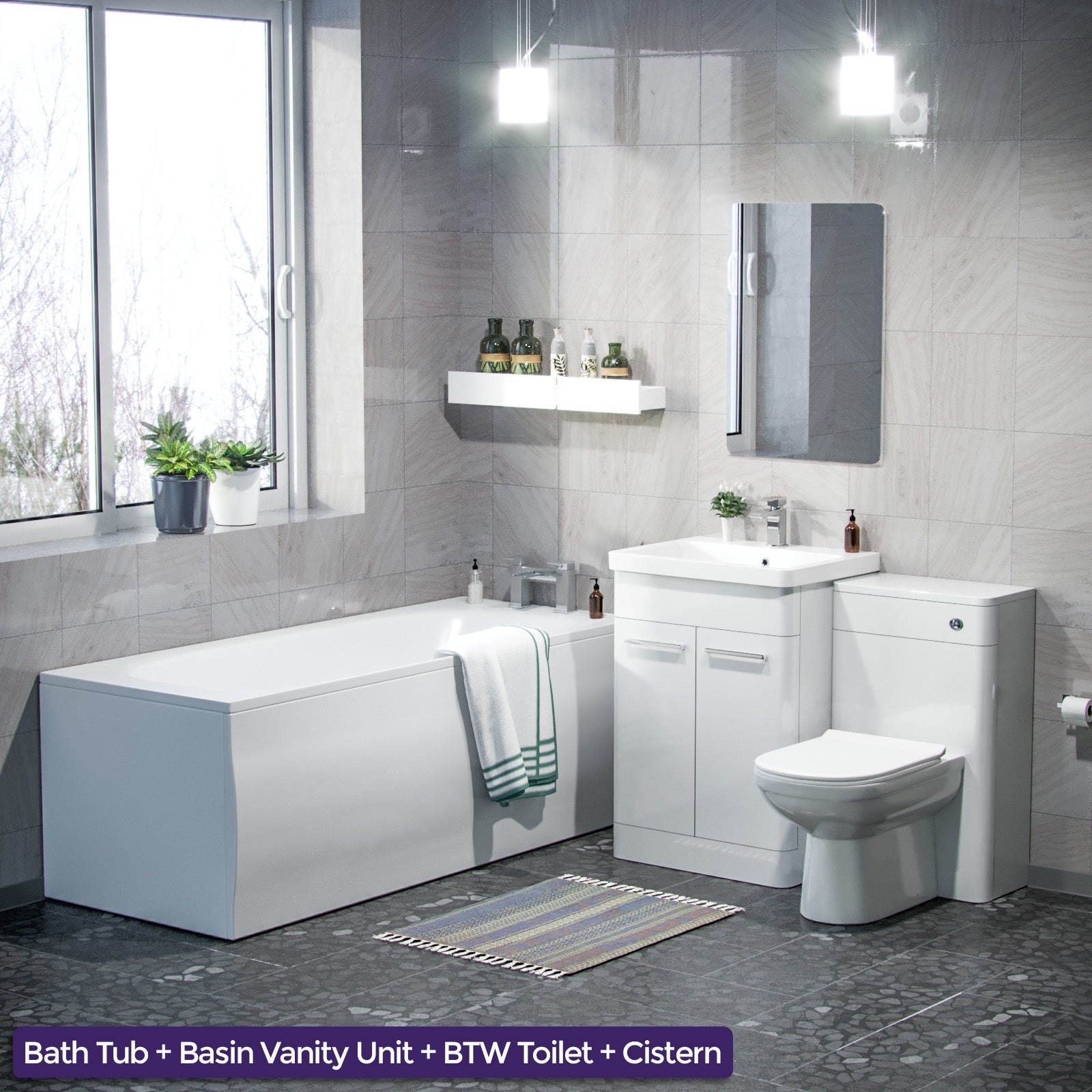 Afern 3-Piece High Gloss White Bathroom Suite 600mm Vanity, WC, BTW Toilet & Bath