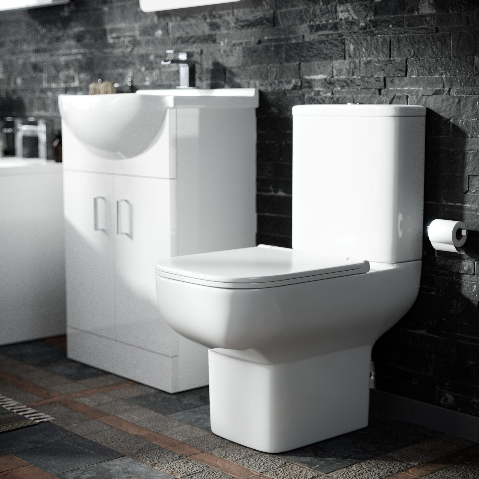 Ellen Round Single End Straight Bath, 550mm Flat Pack Vanity Basin Unit, WC Unit & Close Coupled Toilet