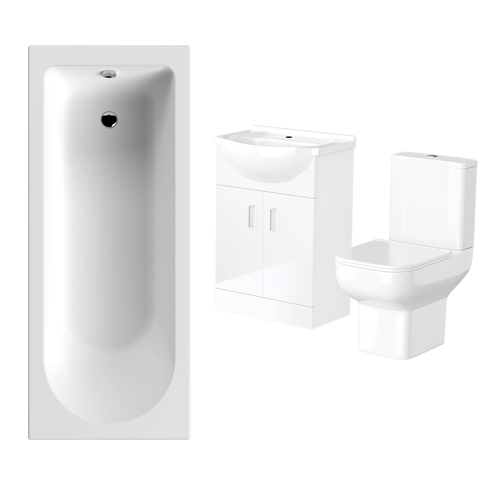 Ellen Round Single End Straight Bath, 550mm Flat Pack Vanity Basin Unit, WC Unit & Close Coupled Toilet