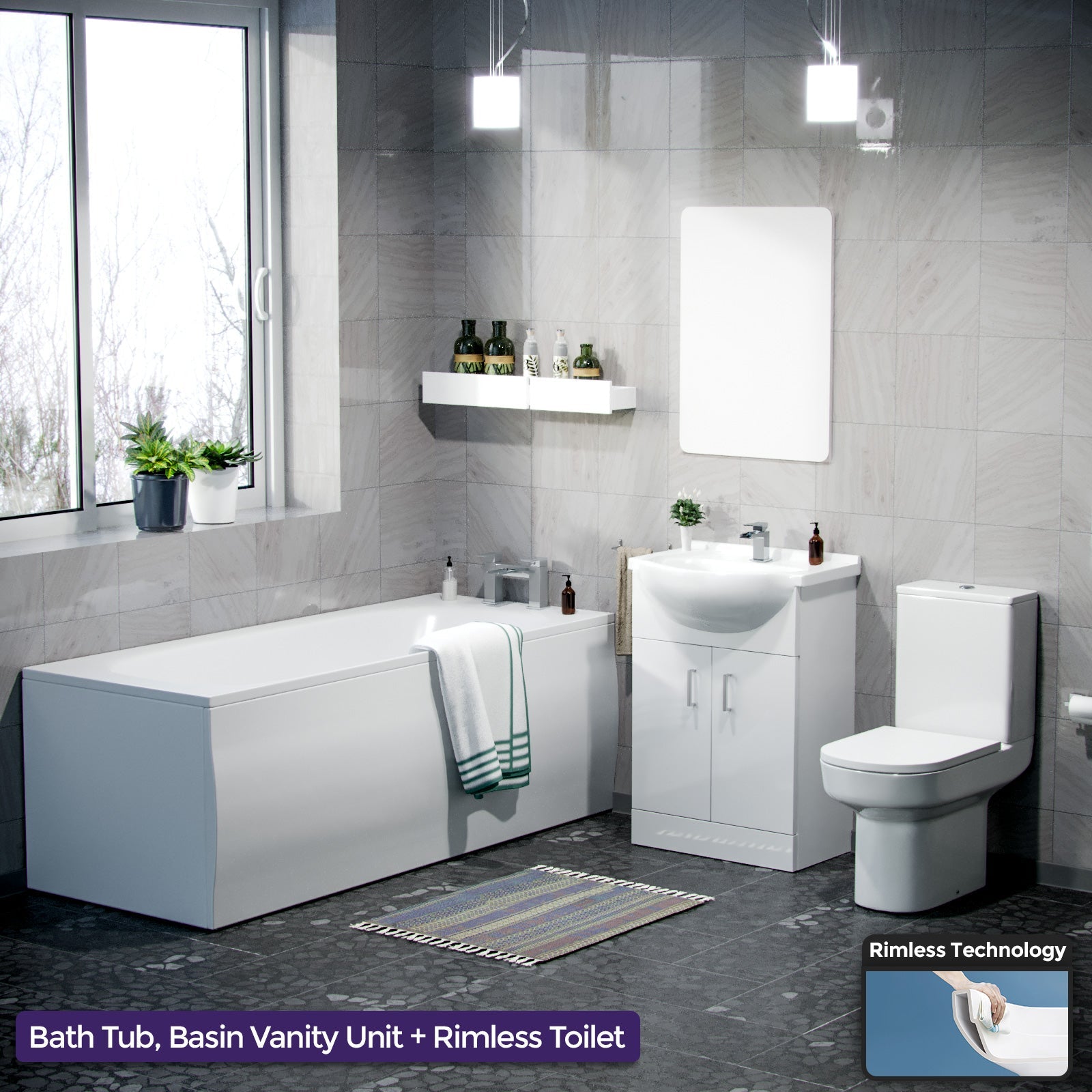 Ellen Bathroom Basin Vanity Unit, Toilet And Bath Suite White
