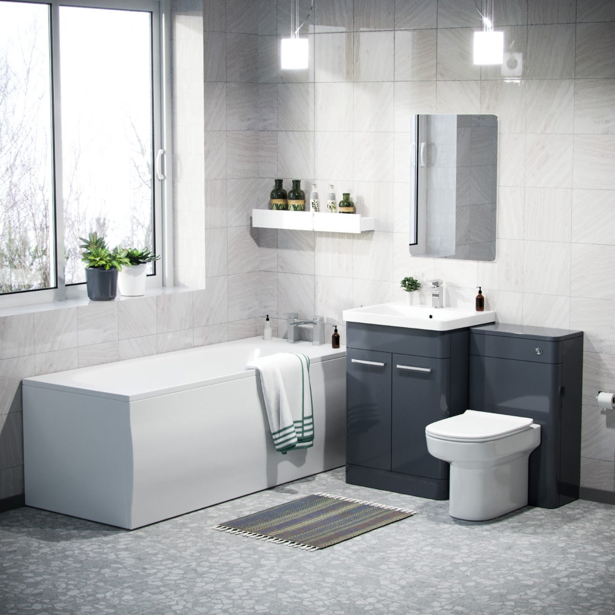 Afern Dark Grey Basin Cabinet, WC Unit, Toilet & Bath Bathroom Suite