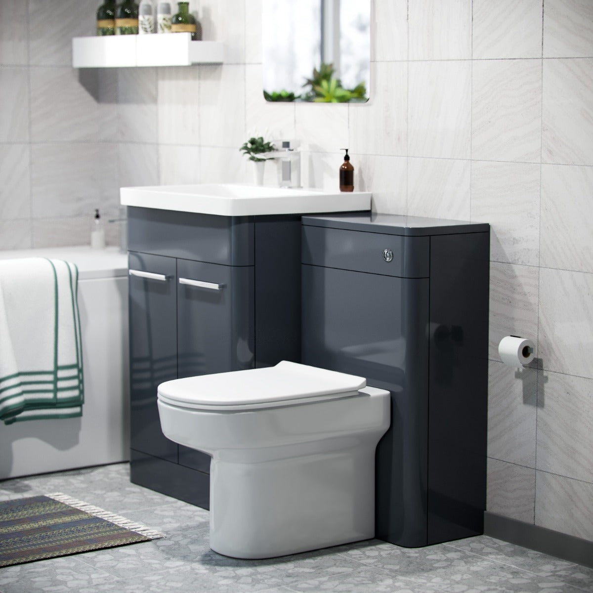 Afern Dark Grey Basin Cabinet, WC Unit, Toilet & Bath Bathroom Suite