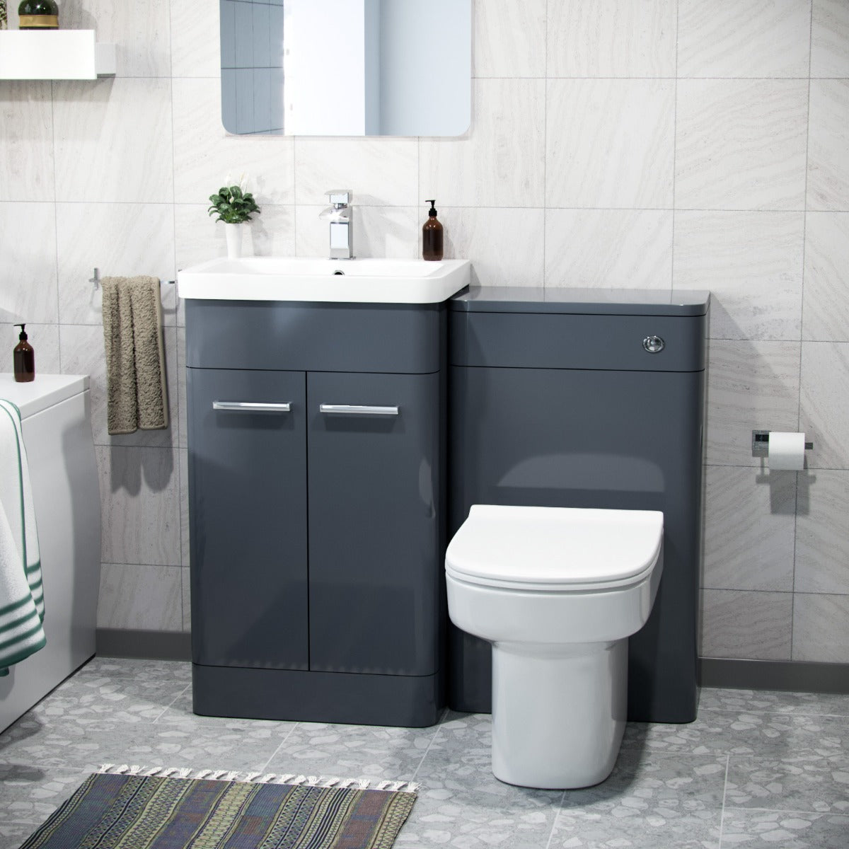 Afern Bathroom Dark Grey Vanity Unit, WC Unit, D-Shape Toilet and Bath Suite