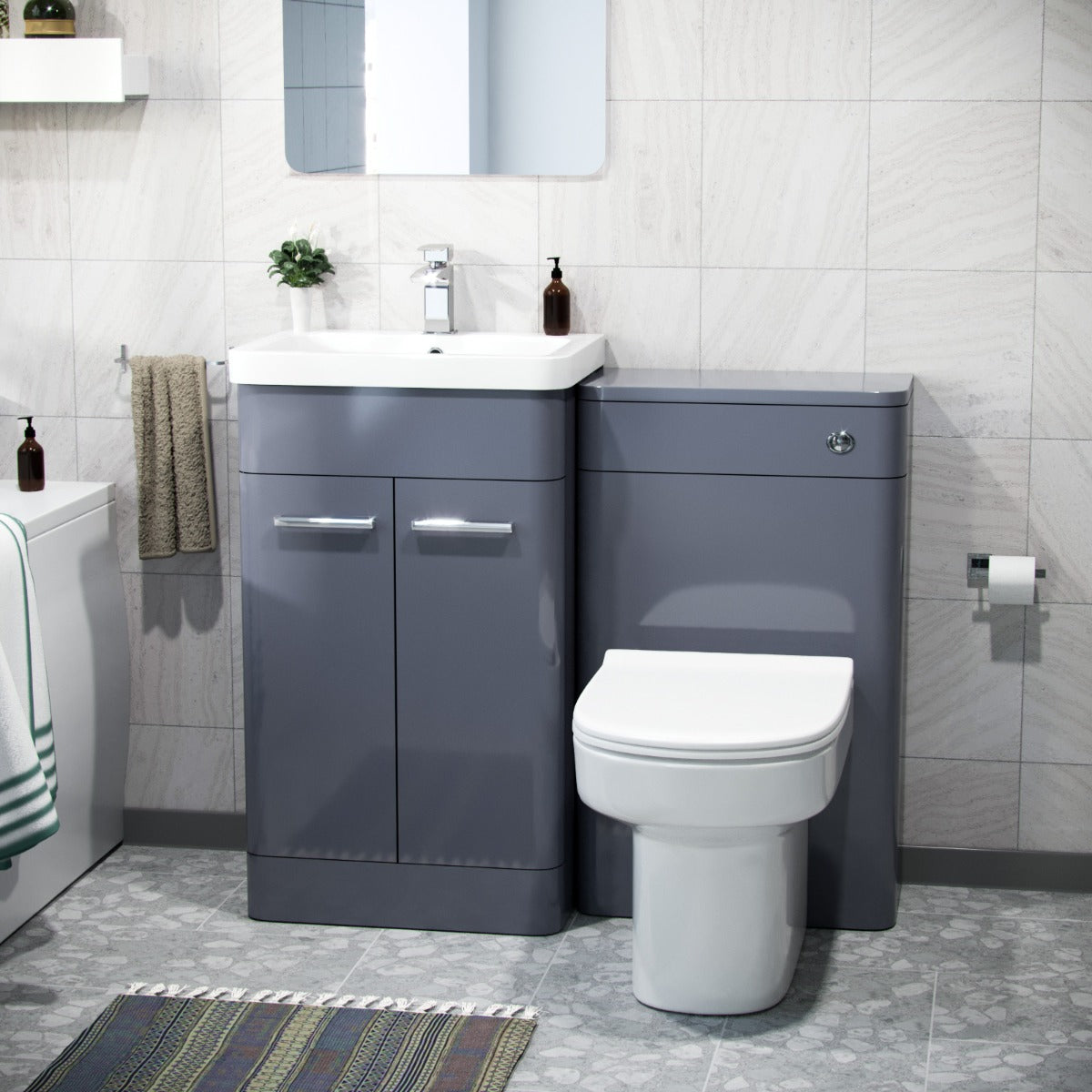 Afern Bathroom Vanity Unit & WC Unit & D-Shape Toilet & Bath Suite Grey