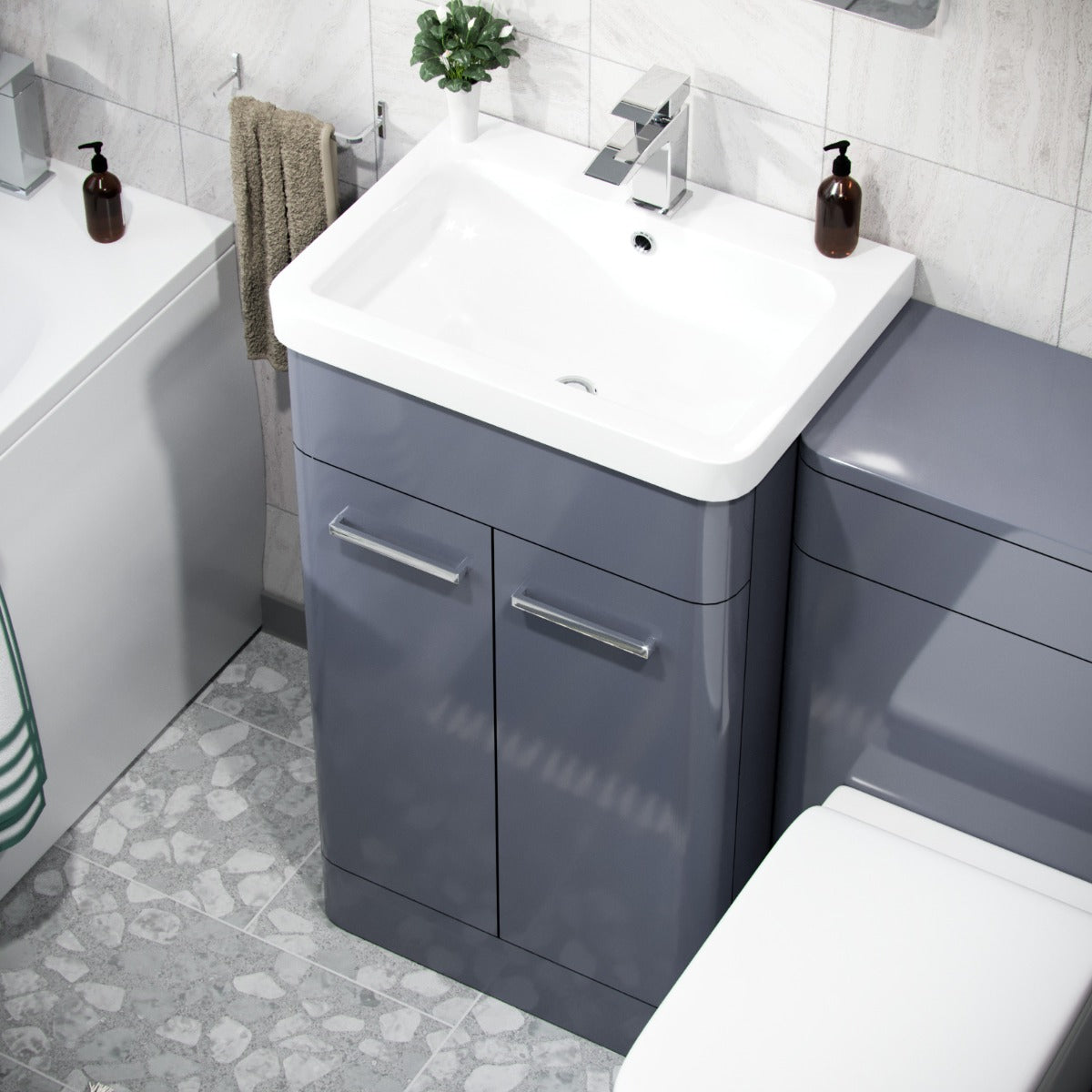 Afern Bathroom Vanity Unit & WC Unit & D-Shape Toilet & Bath Suite Grey