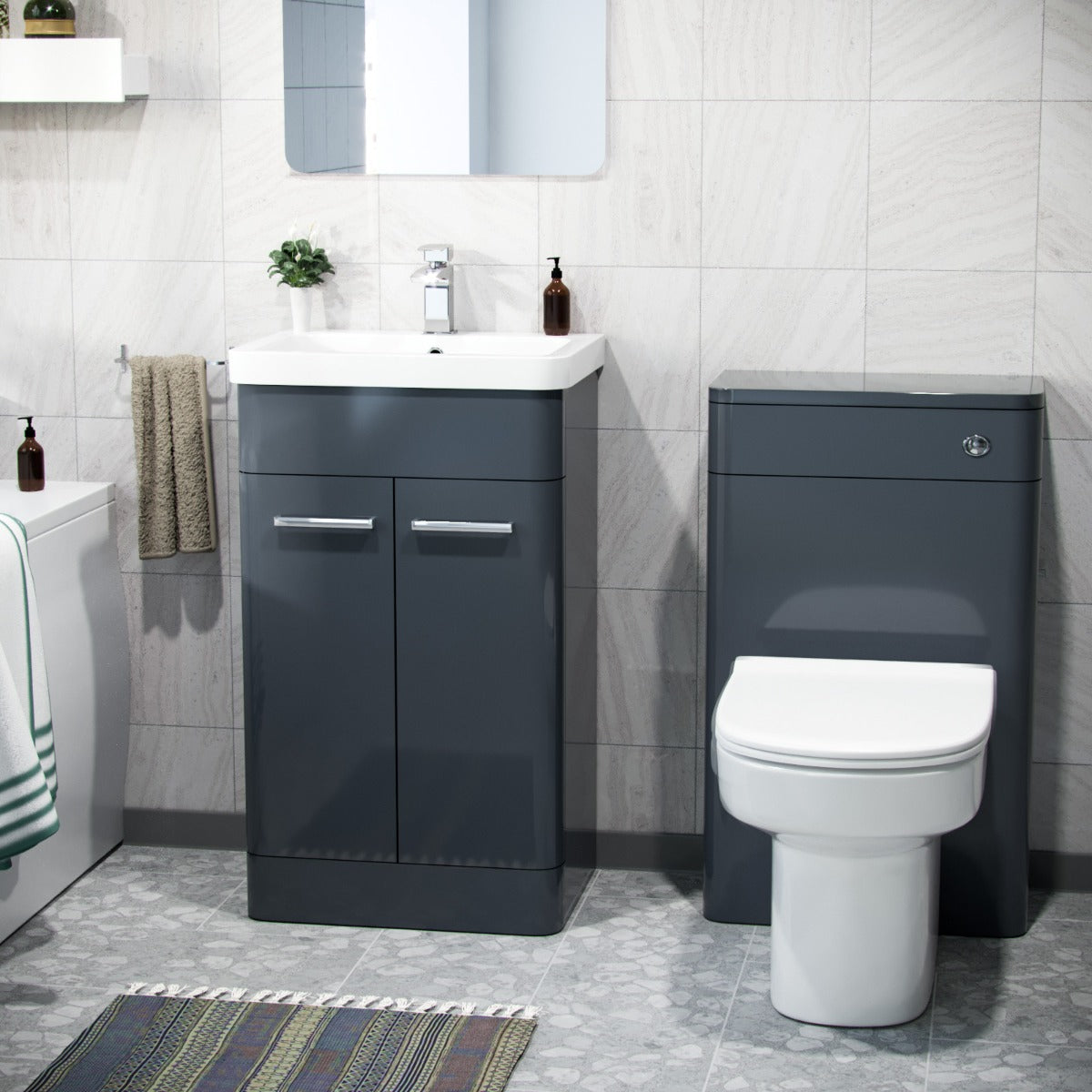 Afern Bathroom Dark Grey Vanity Unit, WC Unit, D-Shape Toilet and Bath Suite