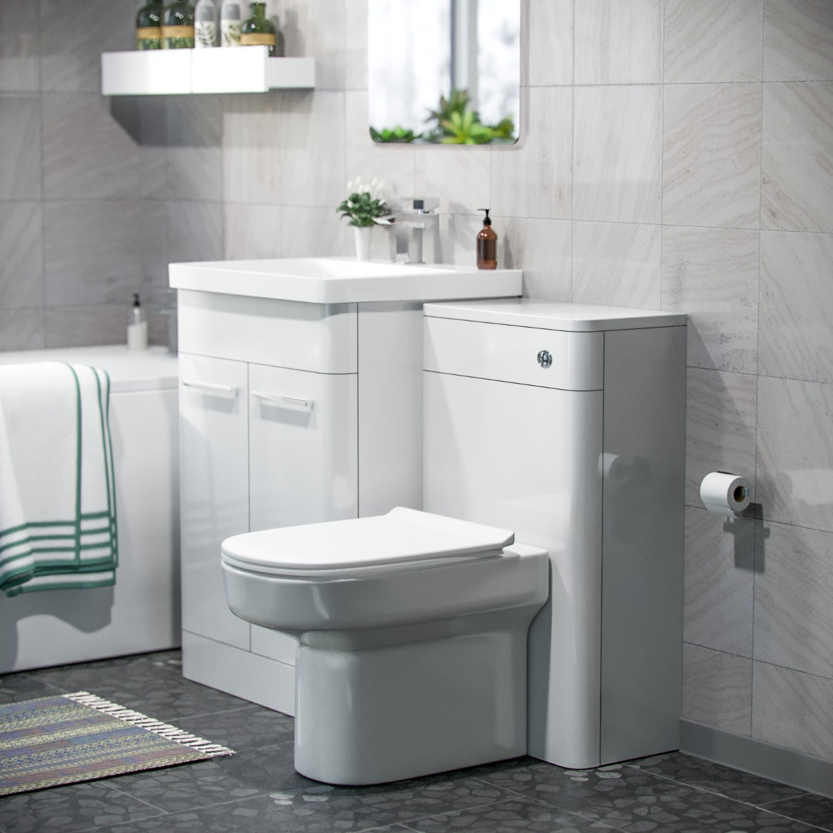 Afern 600mm Basin Vanity Cabinet, WC Unit, D Shape Toilet & Bath Bathroom Suite