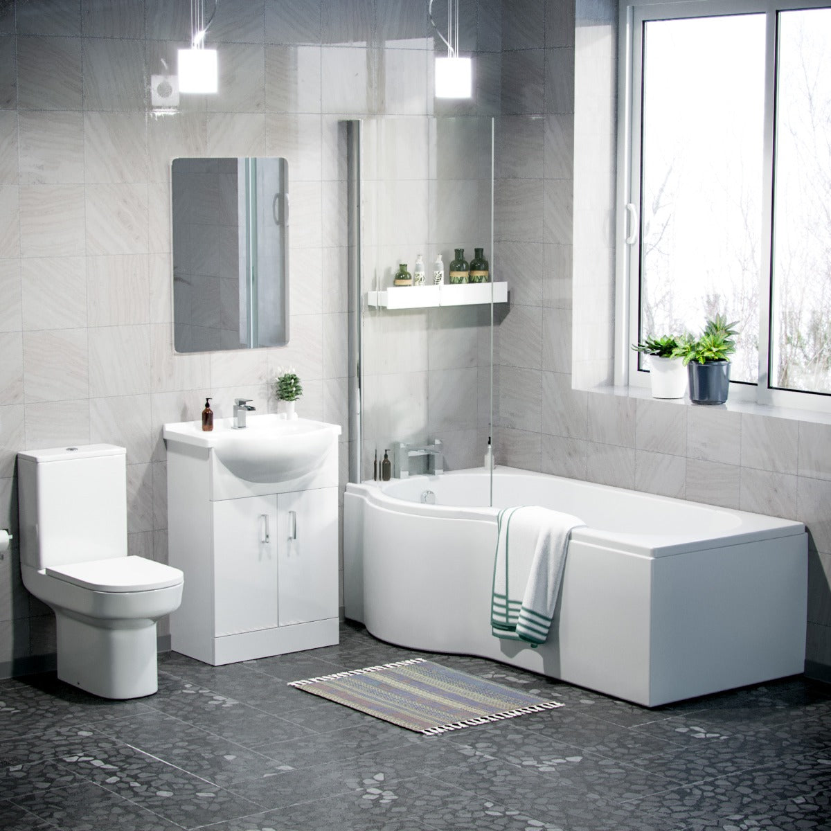 Ellen White P-Shaped Left Handed Bath 550mm Vanity Basin WC Unit and Rimless Toilet Suite