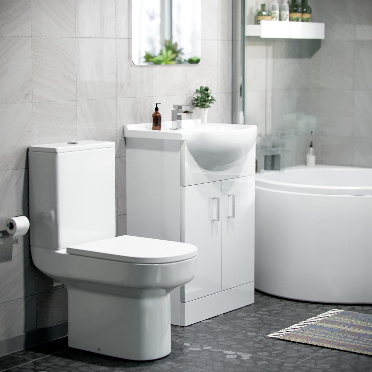 Ellen White P-Shaped Left Handed Bath 550mm Vanity Basin WC Unit and Rimless Toilet Suite