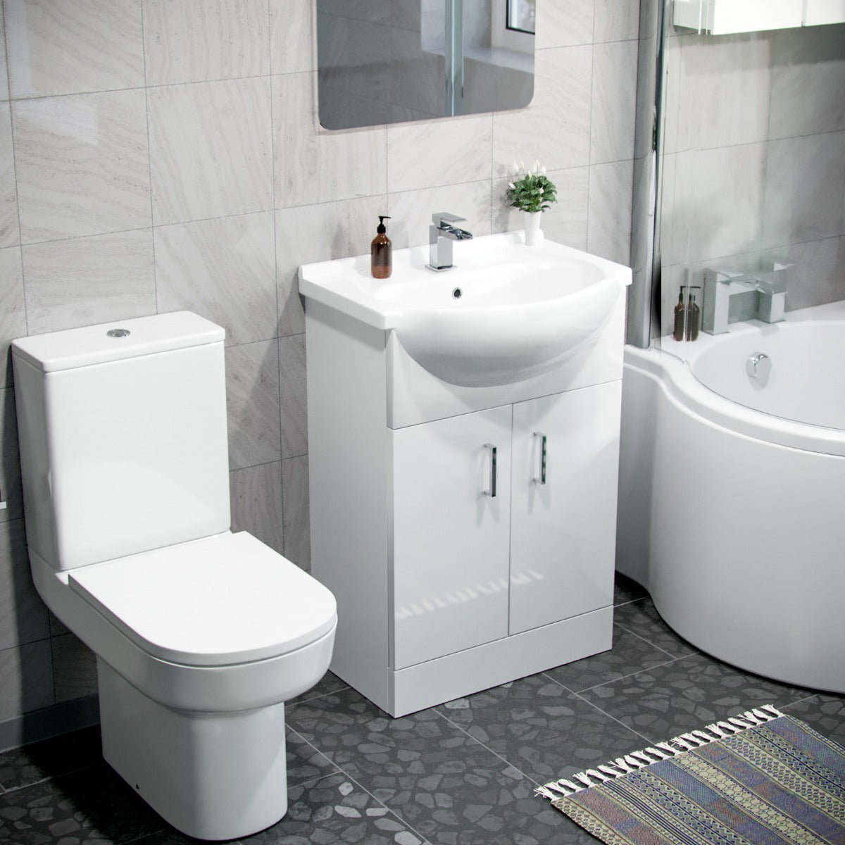 Ellen White P-Shaped Left Handed Bath 550mm Vanity Basin WC Unit and Rimless Toilet Suite