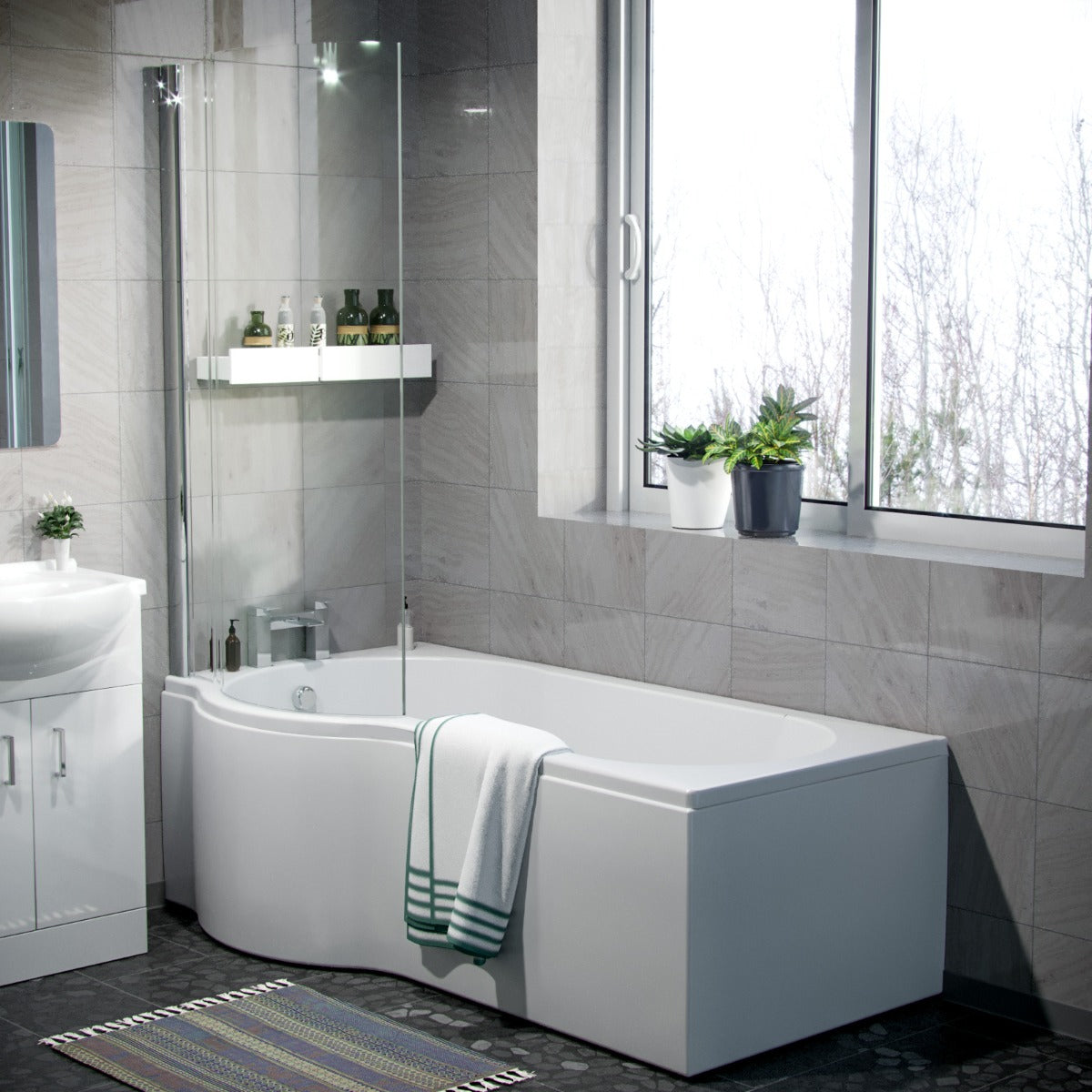 Ellen White P-Shaped LH Bath 550mm Vanity WC Unit & Curved BTW Toilet