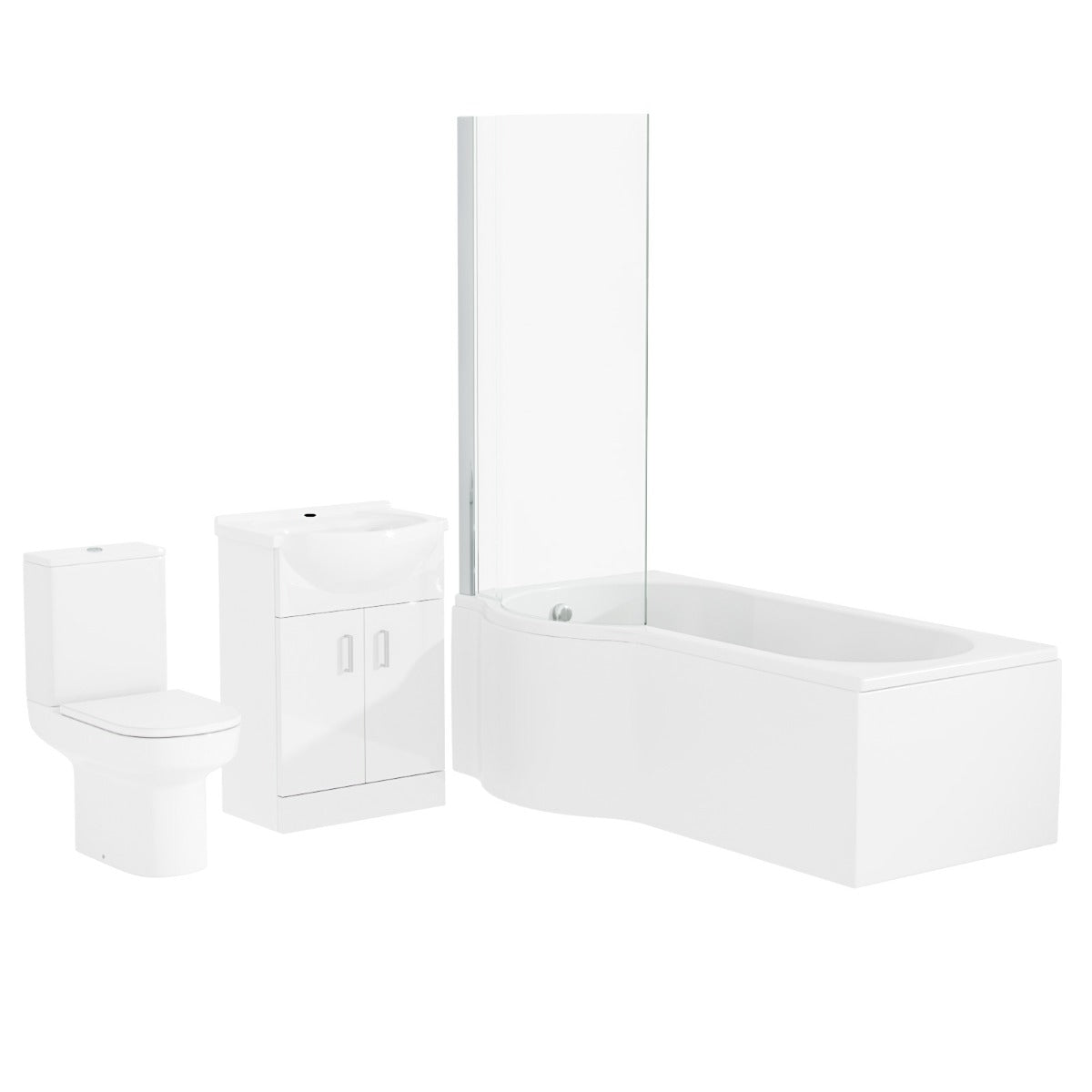 Ellen White P-Shaped Left Handed Bath 550mm Vanity Basin WC Unit and Rimless Toilet Suite