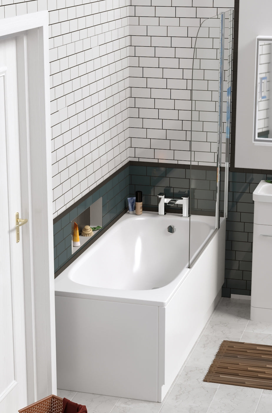 1700mm White Single Ended Bathtub + 800mm x 1400mm Round Shower Screen + 1700mm Bath Front Panel