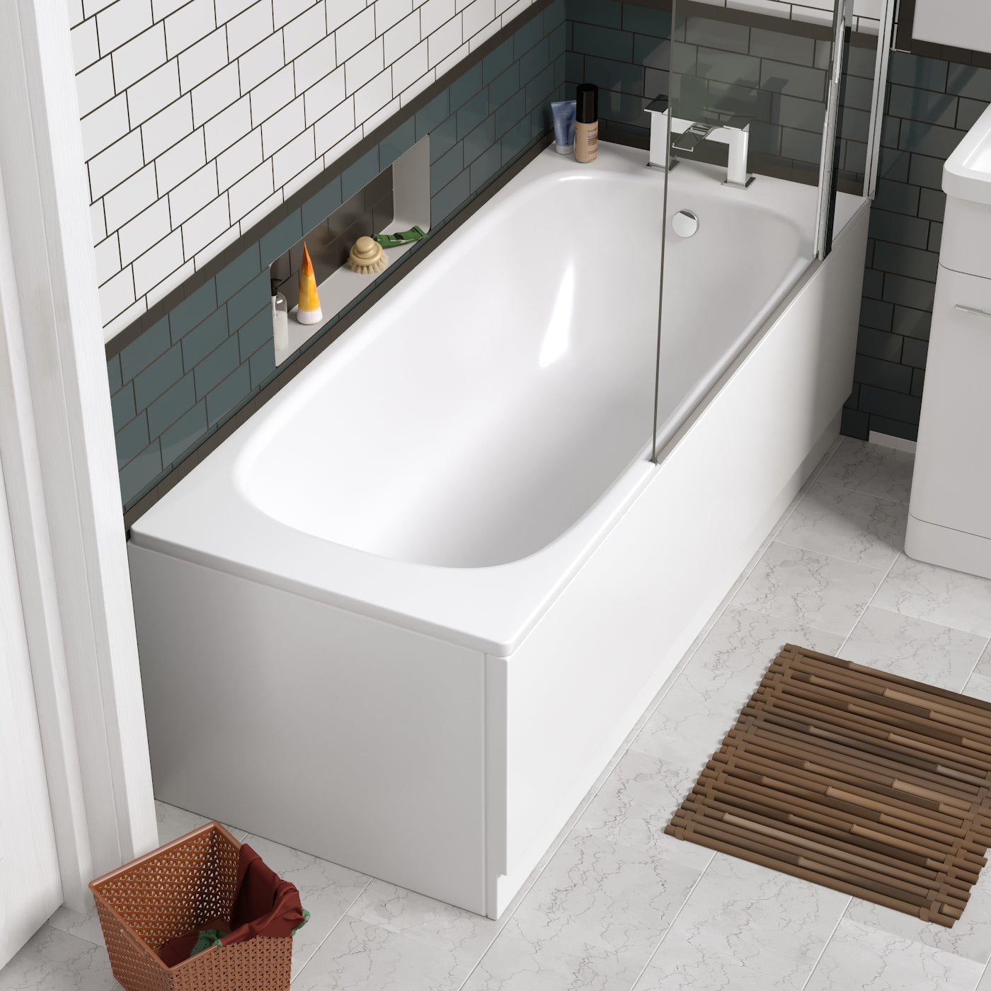 1700mm White Single Ended Bathtub + 800mm x 1400mm Round Shower Screen + 1700mm Bath Front Panel