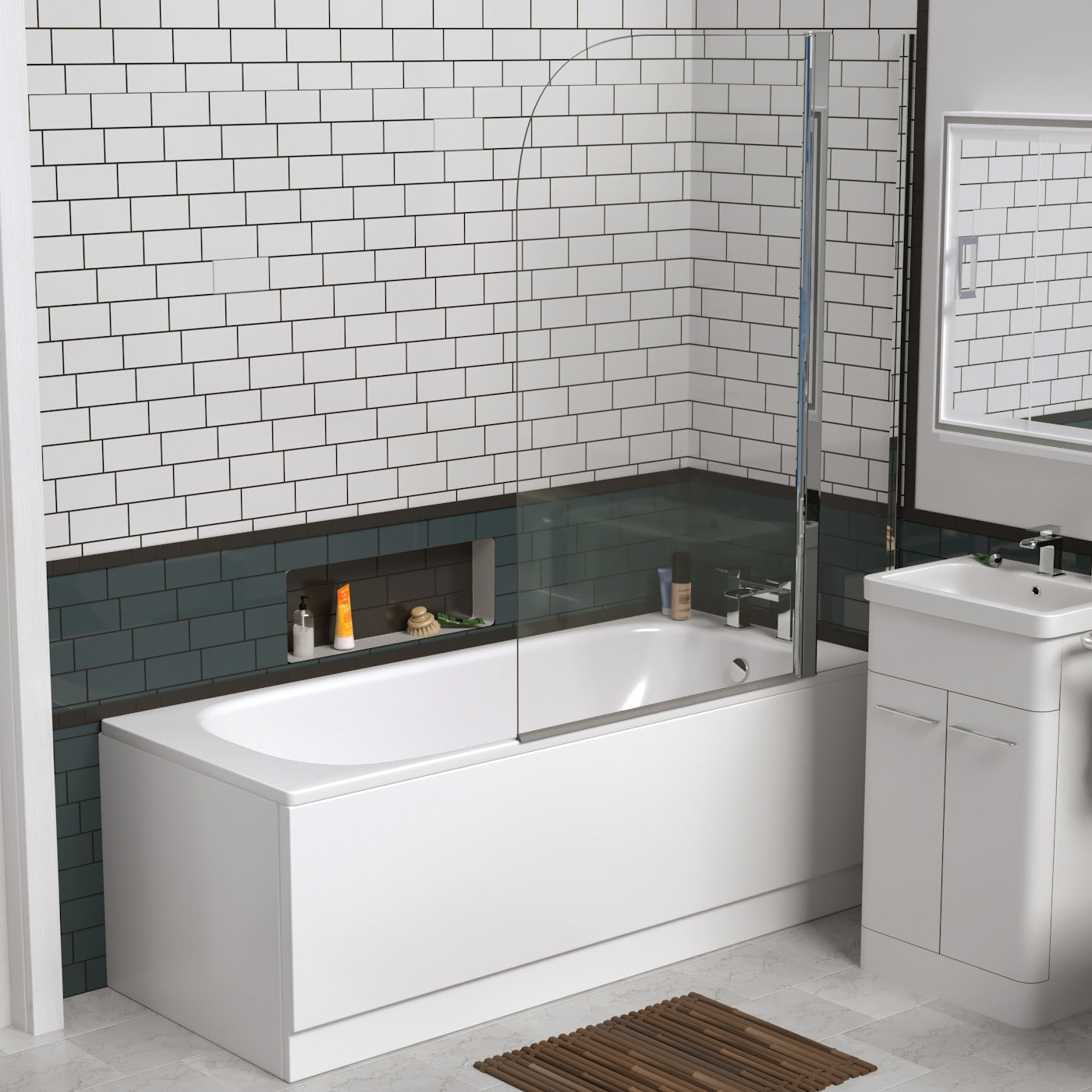 1700mm White Single Ended Bathtub + 800mm x 1400mm Round Shower Screen + 1700mm Bath Front Panel