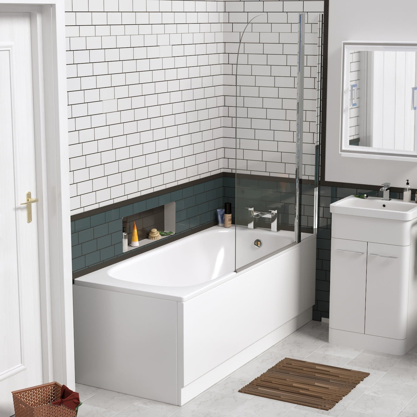 1700mm White Single Ended Bathtub + 800mm x 1400mm Round Shower Screen + 1700mm Bath Front Panel