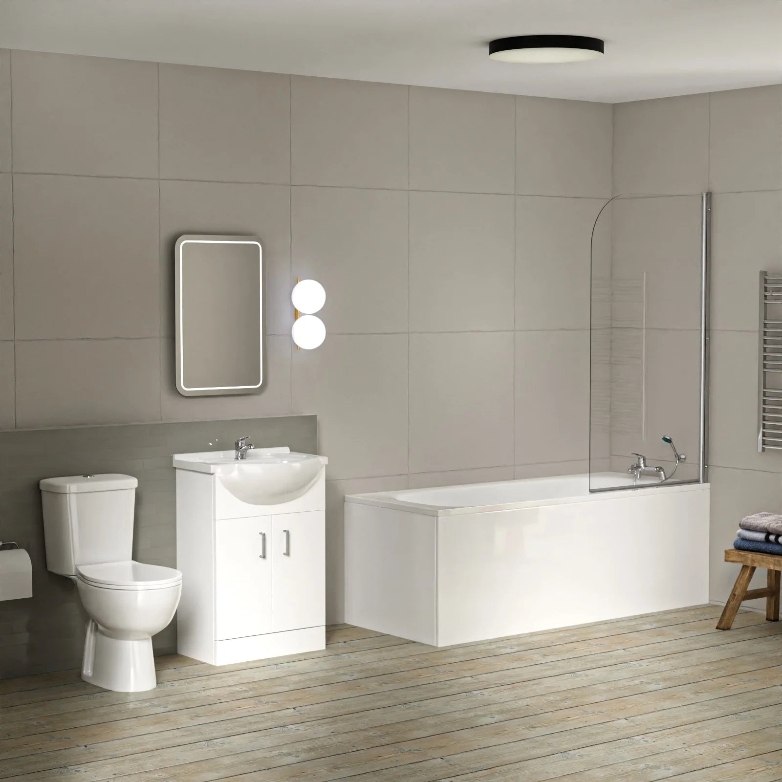 1700mm Bath with Front Panel, 550mm Basin Vanity & Toilet - Set with Chrome Fittings