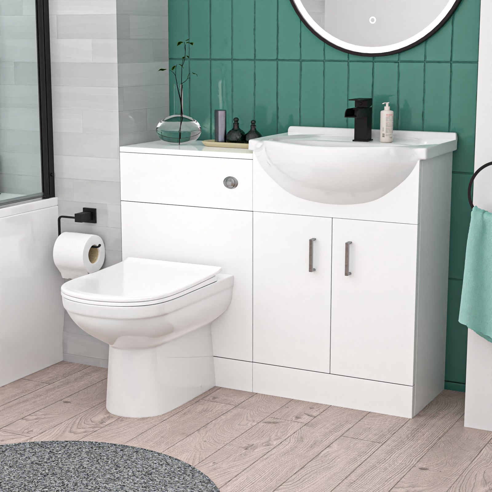 Bath Black Shower Mixer, Screen, Basin Vanity, BTW Toilet and Tap Suite