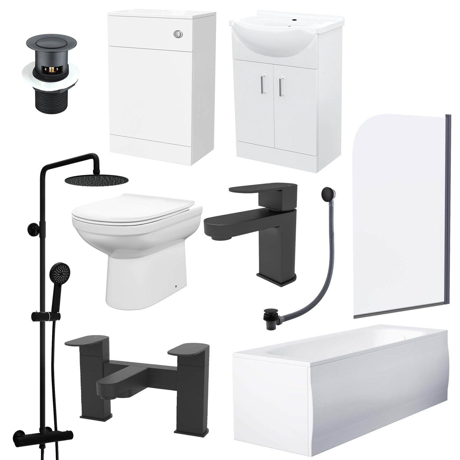 White 500mm Vanity WC Unit BTW Toilet Shower Bath & Matte Black Tap Suite