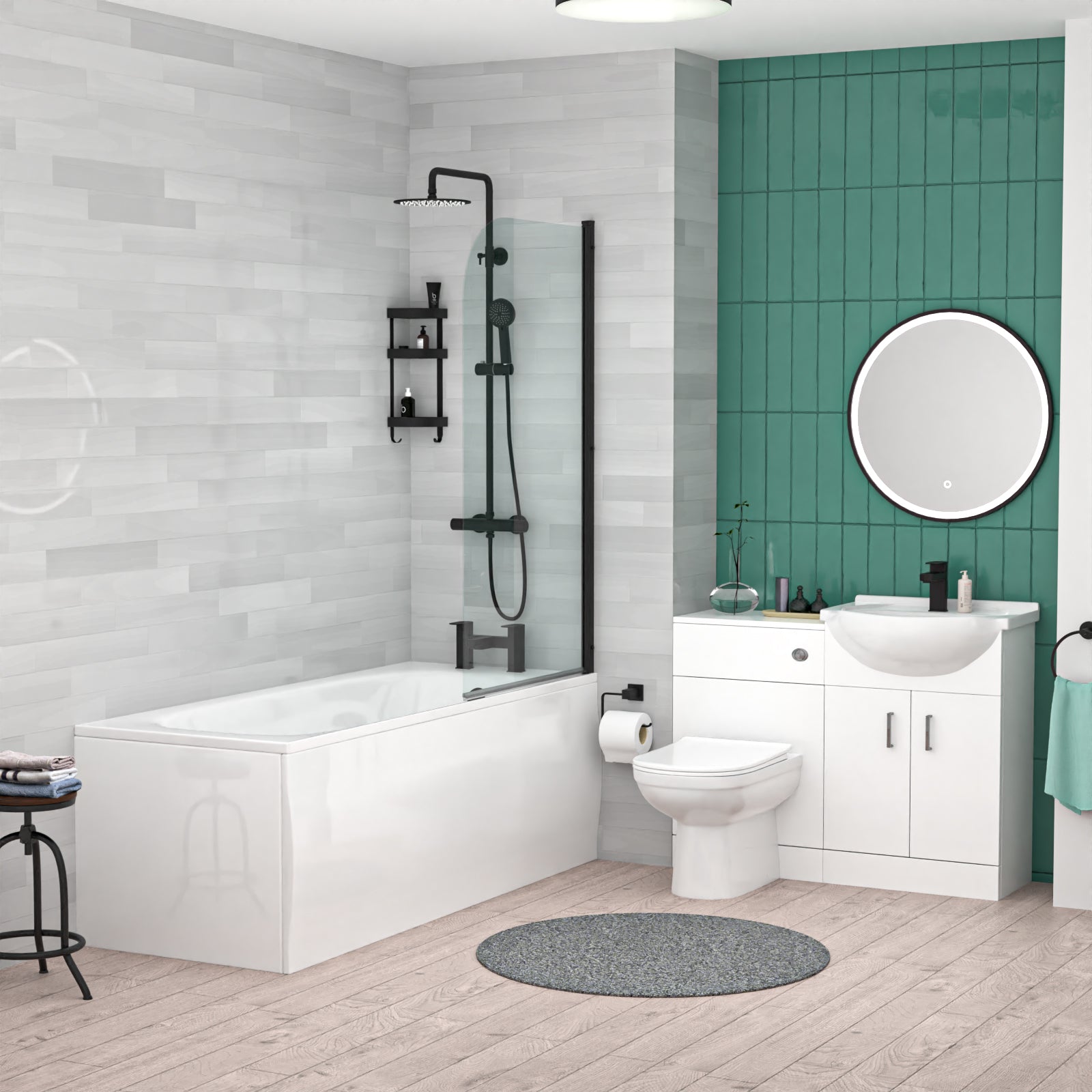 White 500mm Vanity WC Unit BTW Toilet Shower Bath & Matte Black Tap Suite