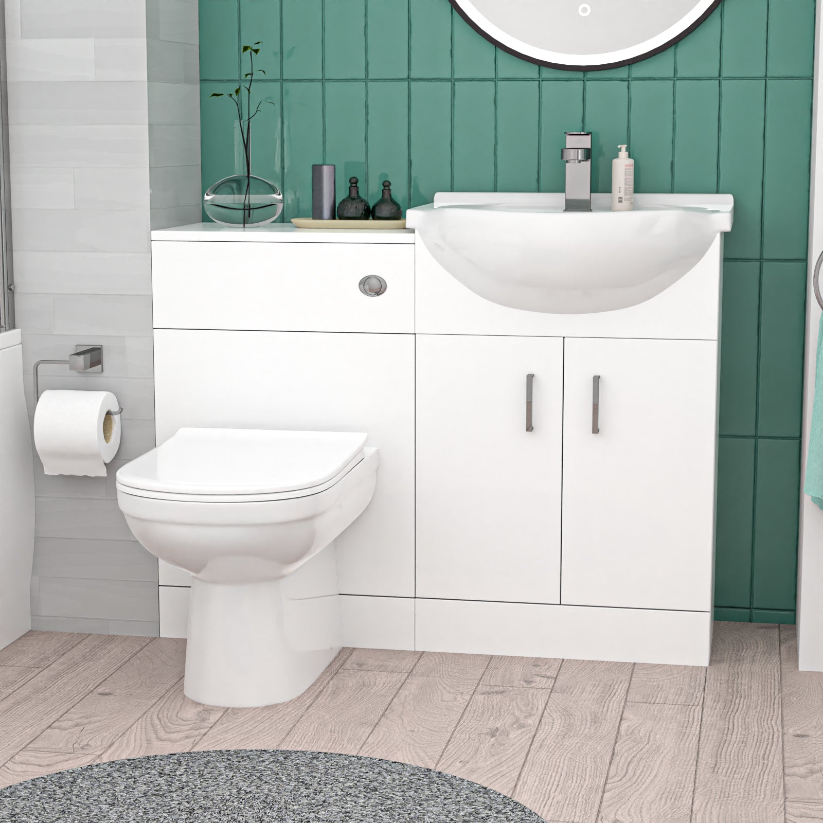 White 500mm Vanity WC Unit BTW Toilet Shower Bath & Chrome Tap Suite