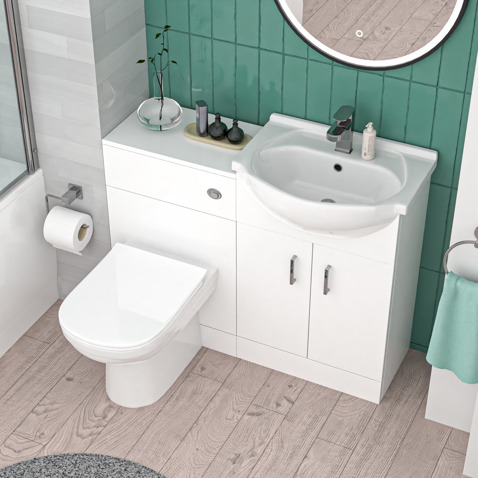 White 500mm Vanity WC Unit BTW Toilet Shower Bath & Chrome Tap Suite