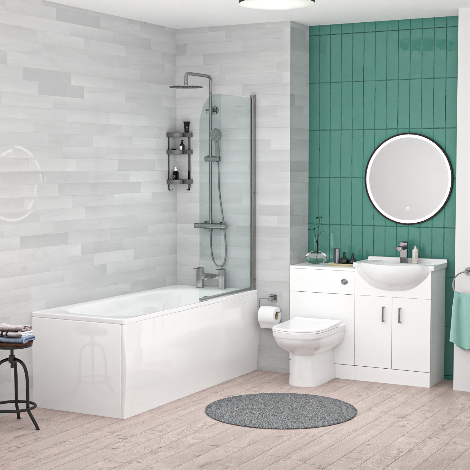 White 500mm Vanity WC Unit BTW Toilet Shower Bath & Chrome Tap Suite