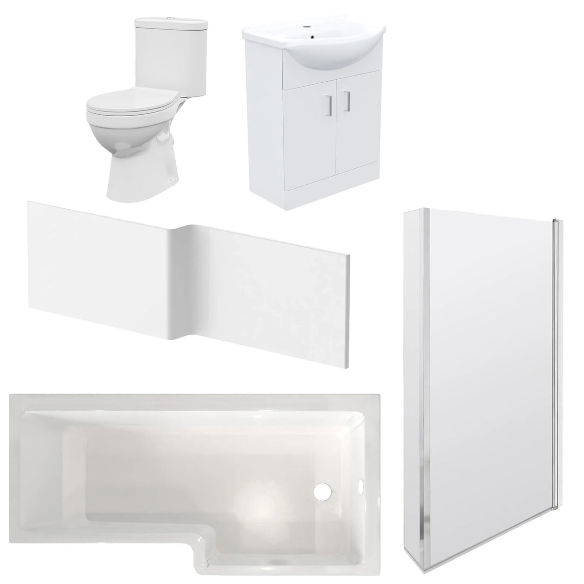 1800mm RH L Shaped Bath, Front Panel, Screen With 550mm Vanity & Toilet