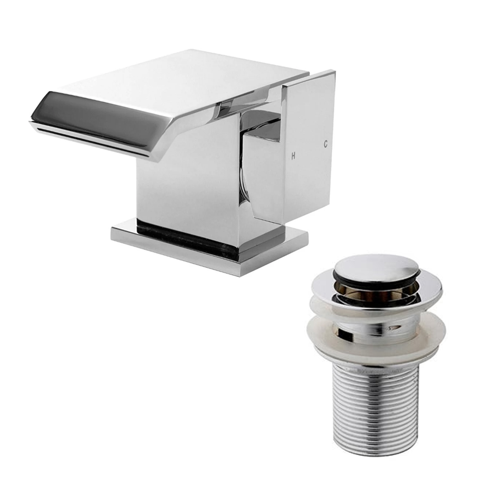 Devon Square Chrome Waterfall Basin Mixer Tap with Slotted Pop-Up Waste