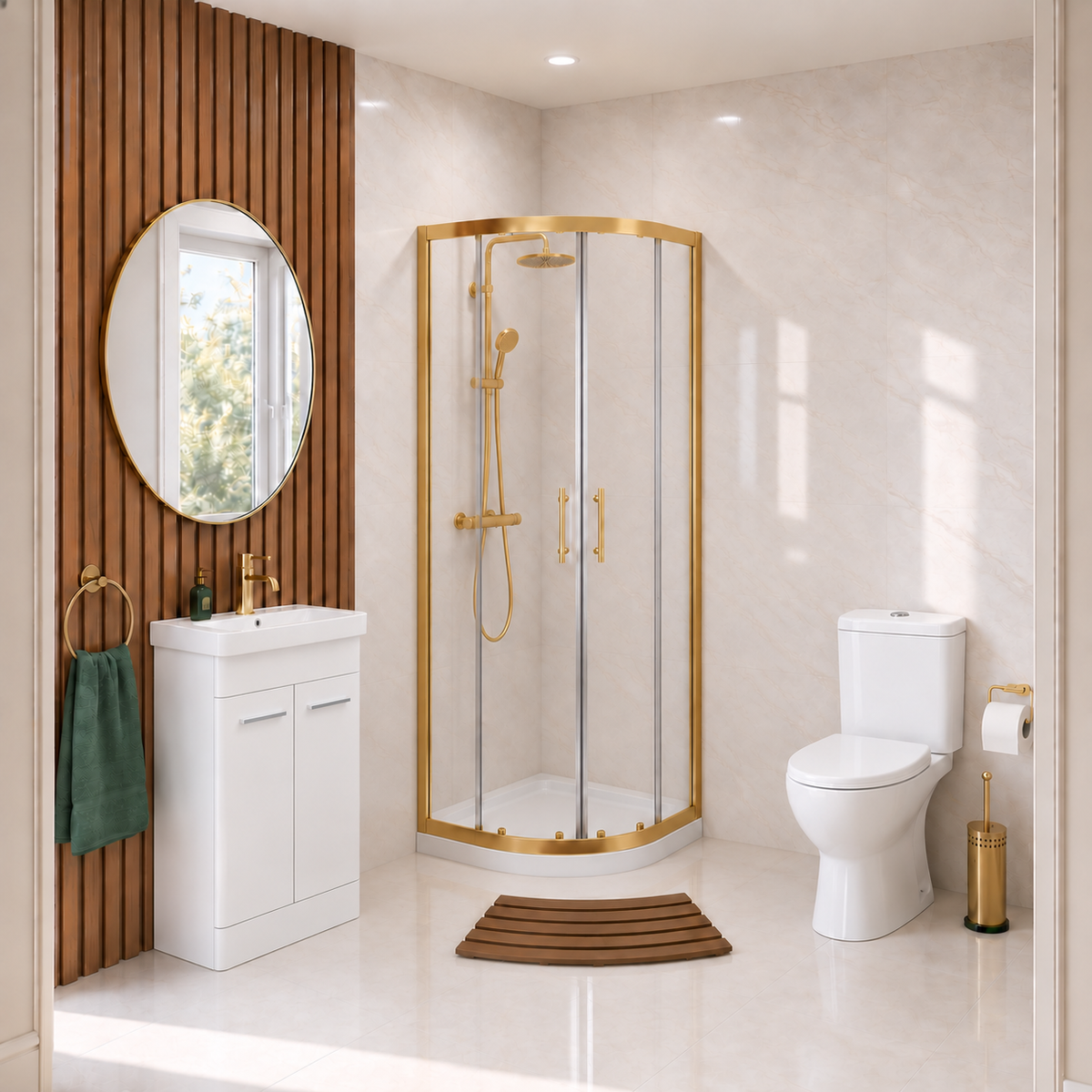 Enclosure Suite - 800mm Quadrant Screen with 500mm Vanity Unit & Close Coupled Toilet - Set with Brushed Brass Fittings