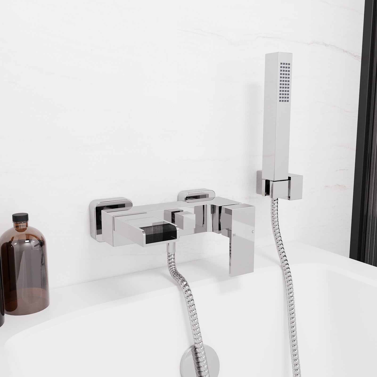Ozone Waterfall Solid Brass Square Wall Mounted Chrome Bath Shower Mixer Tap
