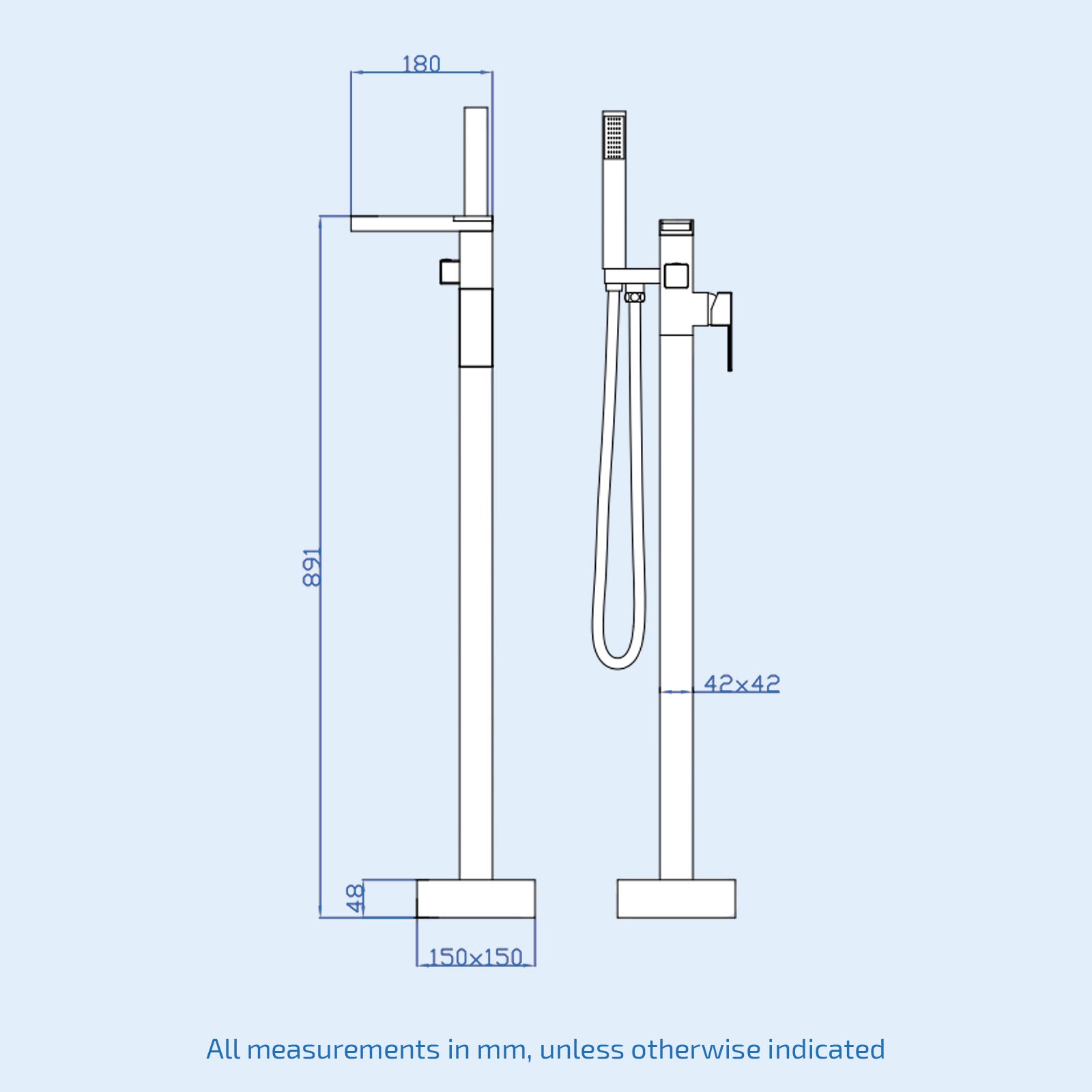 Ozone Chrome Square Freestanding Waterfall Bath Shower Mixer Modern Bathroom