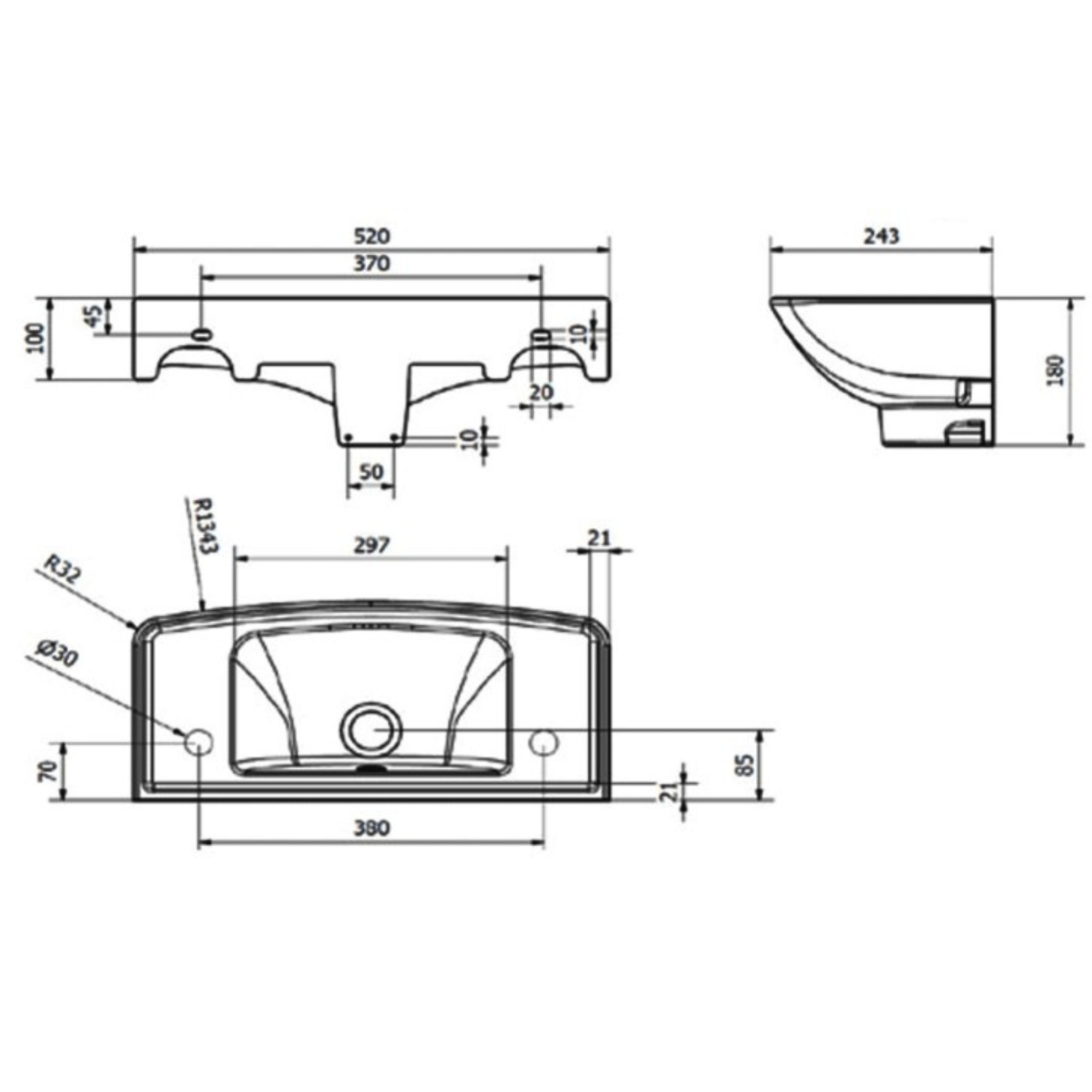 Blueprint of a drawing of a sink with dimensions