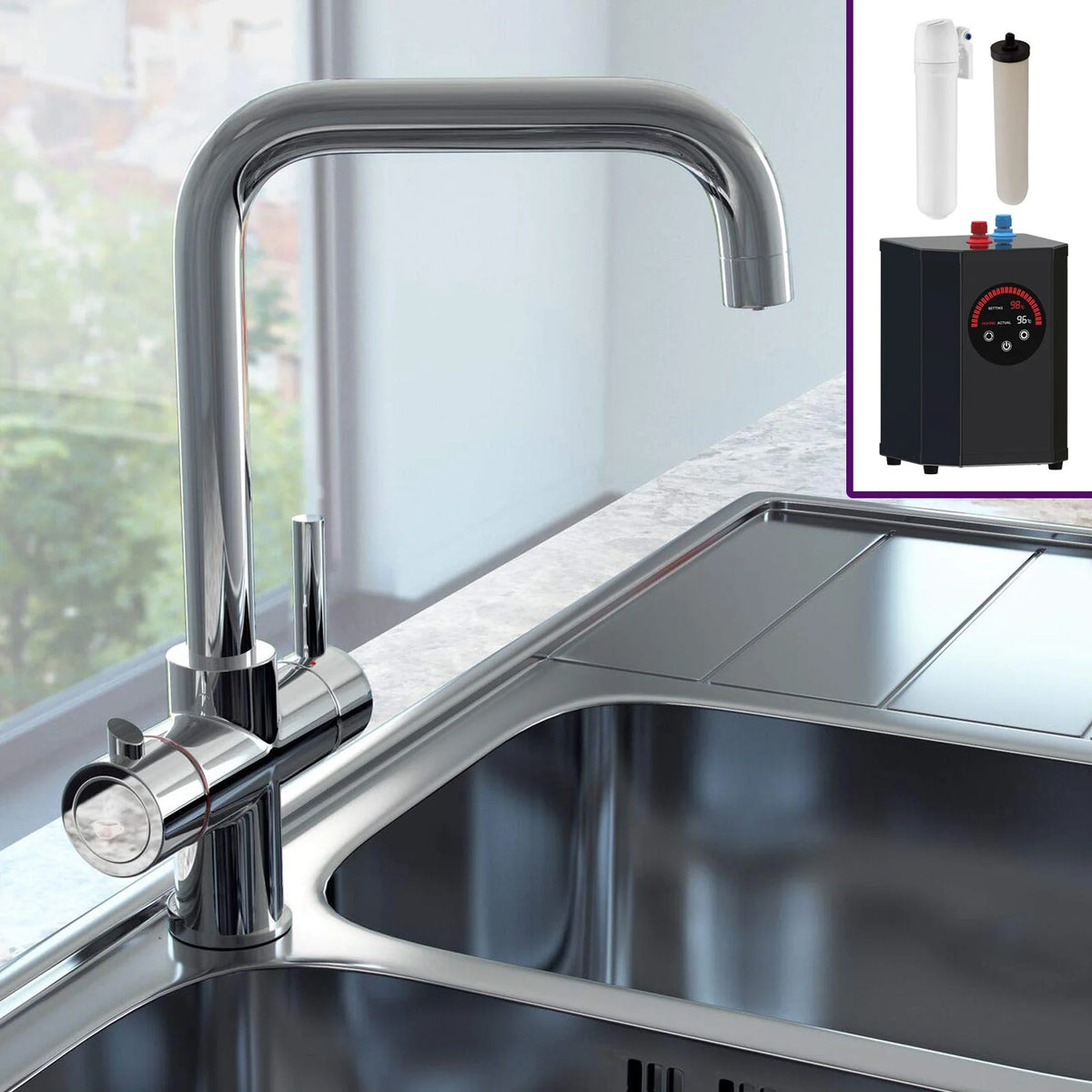 3 in 1 Single Lever Chrome Boiler Kitchen Mixer Complete Tap Set