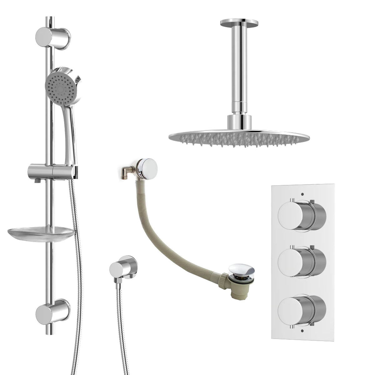 3 Dial 3 Outlet Concealed Thermostatic Shower With Handheld, Bath Filler & Waste