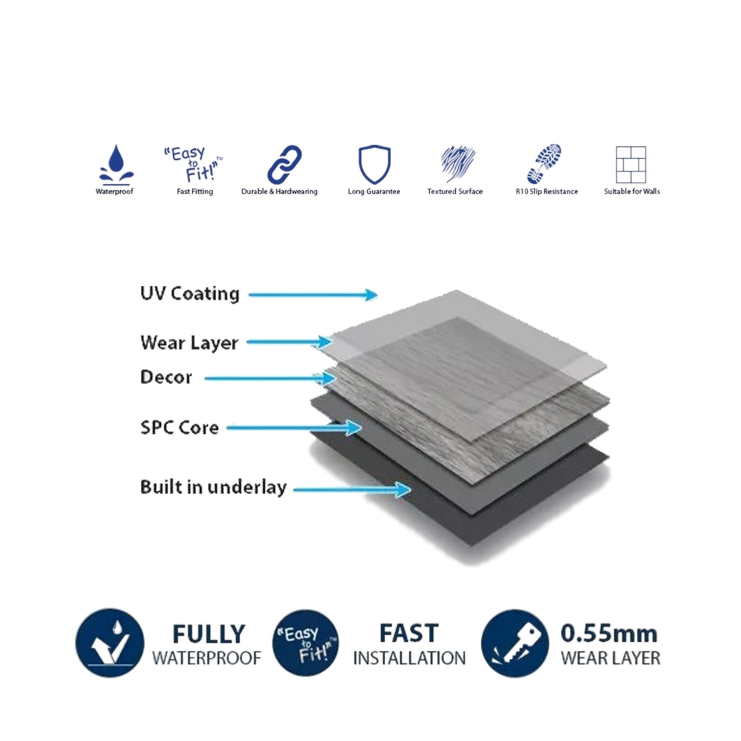 SPC Vinyl Click Flooring Tile 610mm x 305mm Marble Gloss 5.35mm Thick - Pack of 10