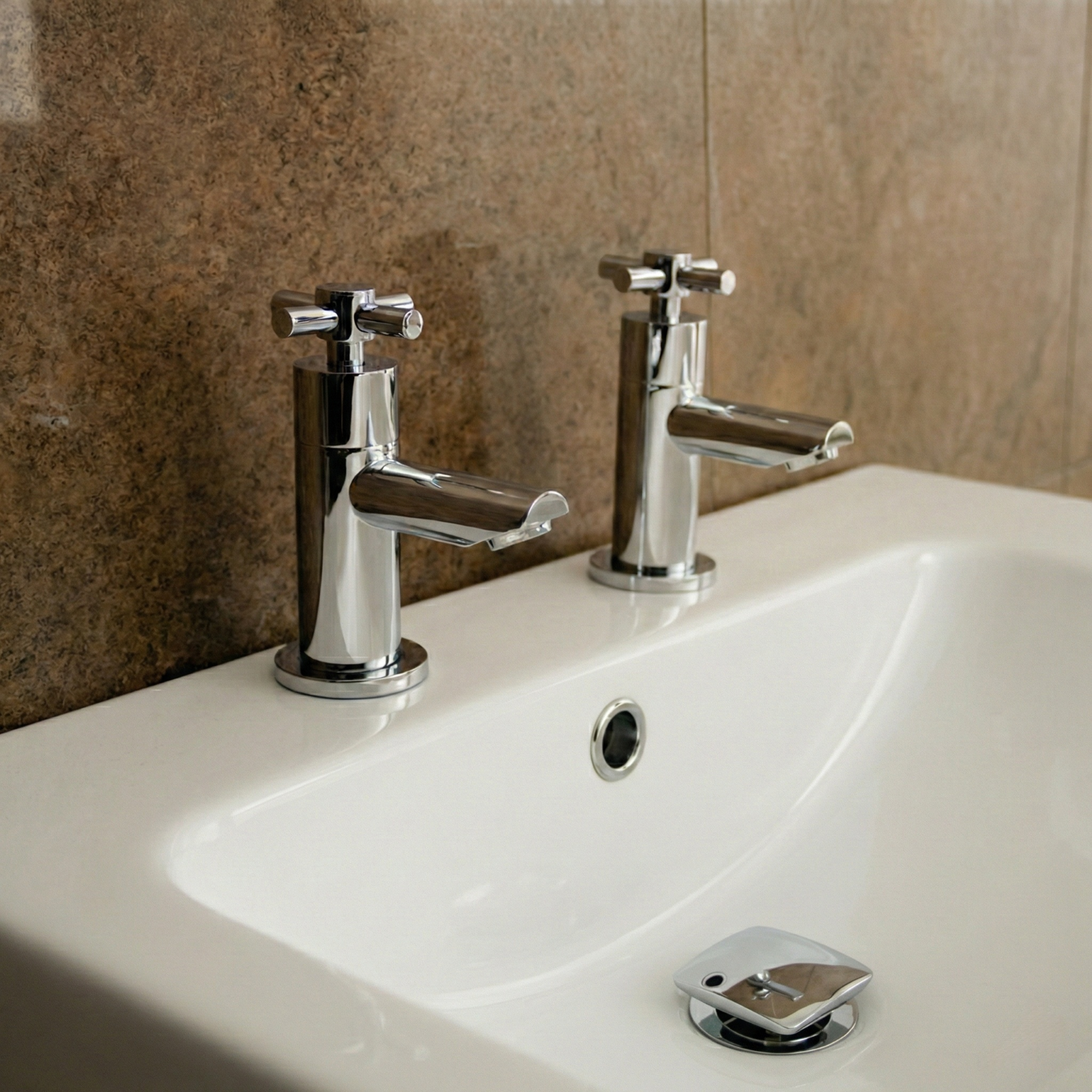 Linden Chrome Cross Head Hot & Cold Basin Taps + Waste Chrome