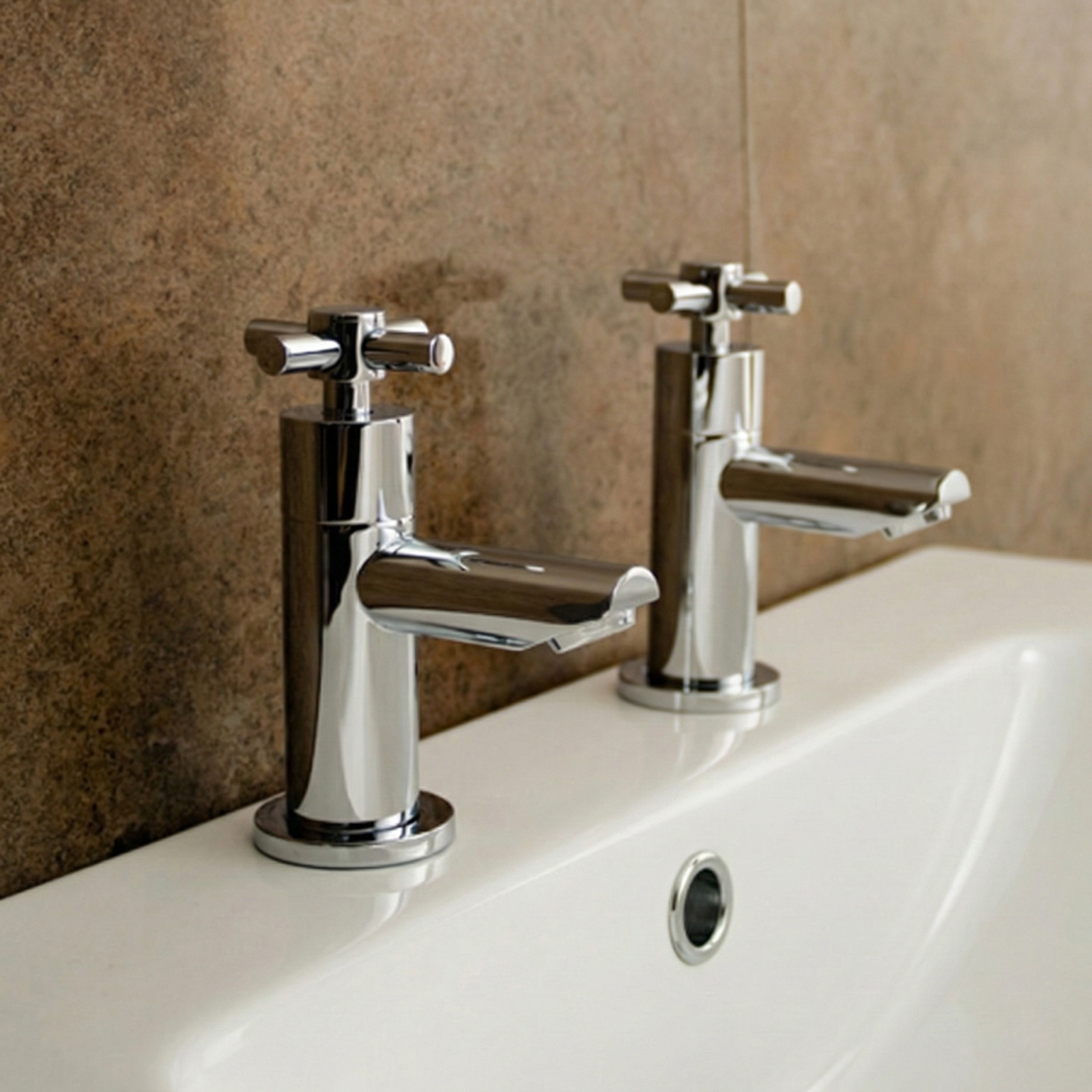 Linden Chrome Cross Head Hot & Cold Basin Taps + Waste Chrome