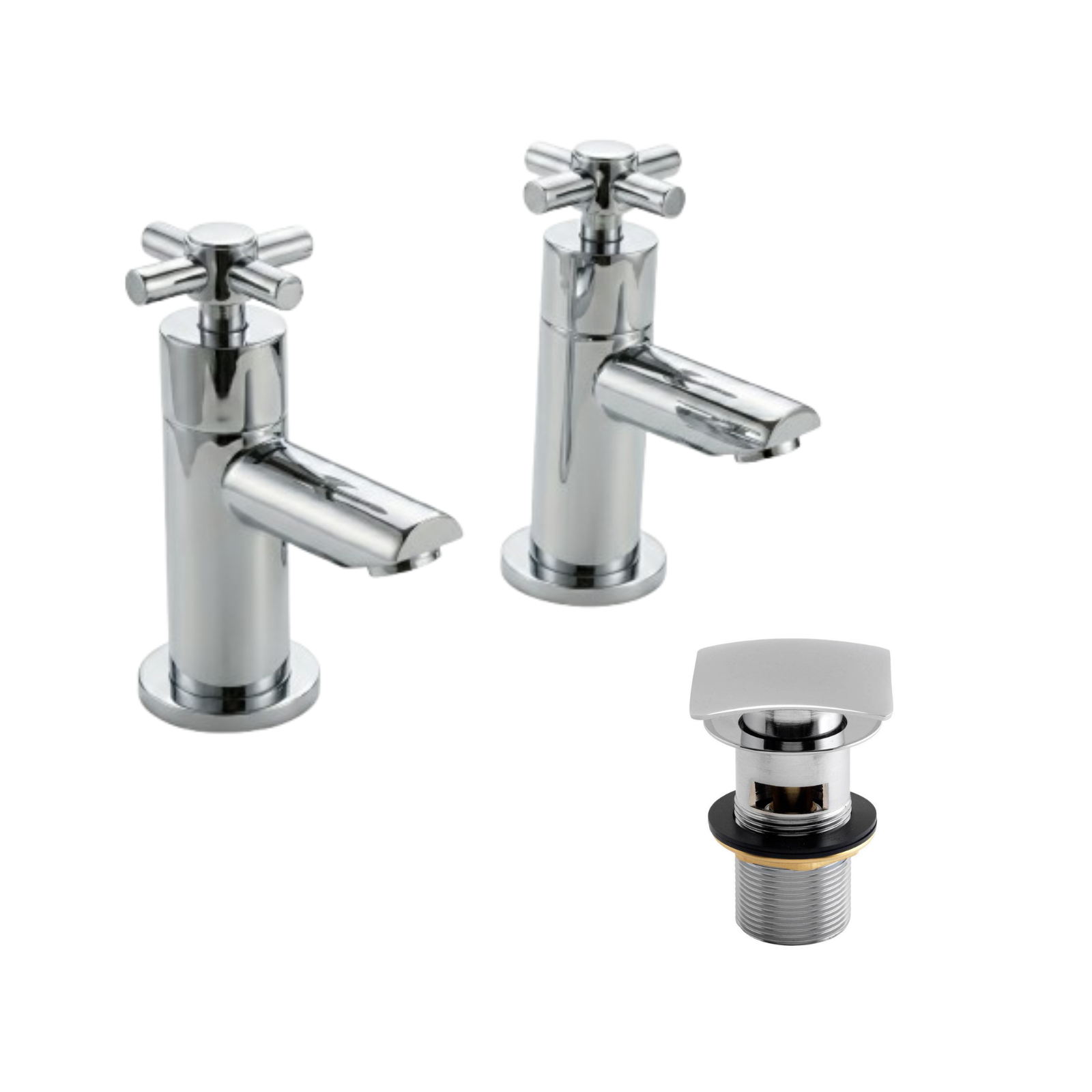 Linden Chrome Cross Head Hot & Cold Basin Taps + Waste Chrome