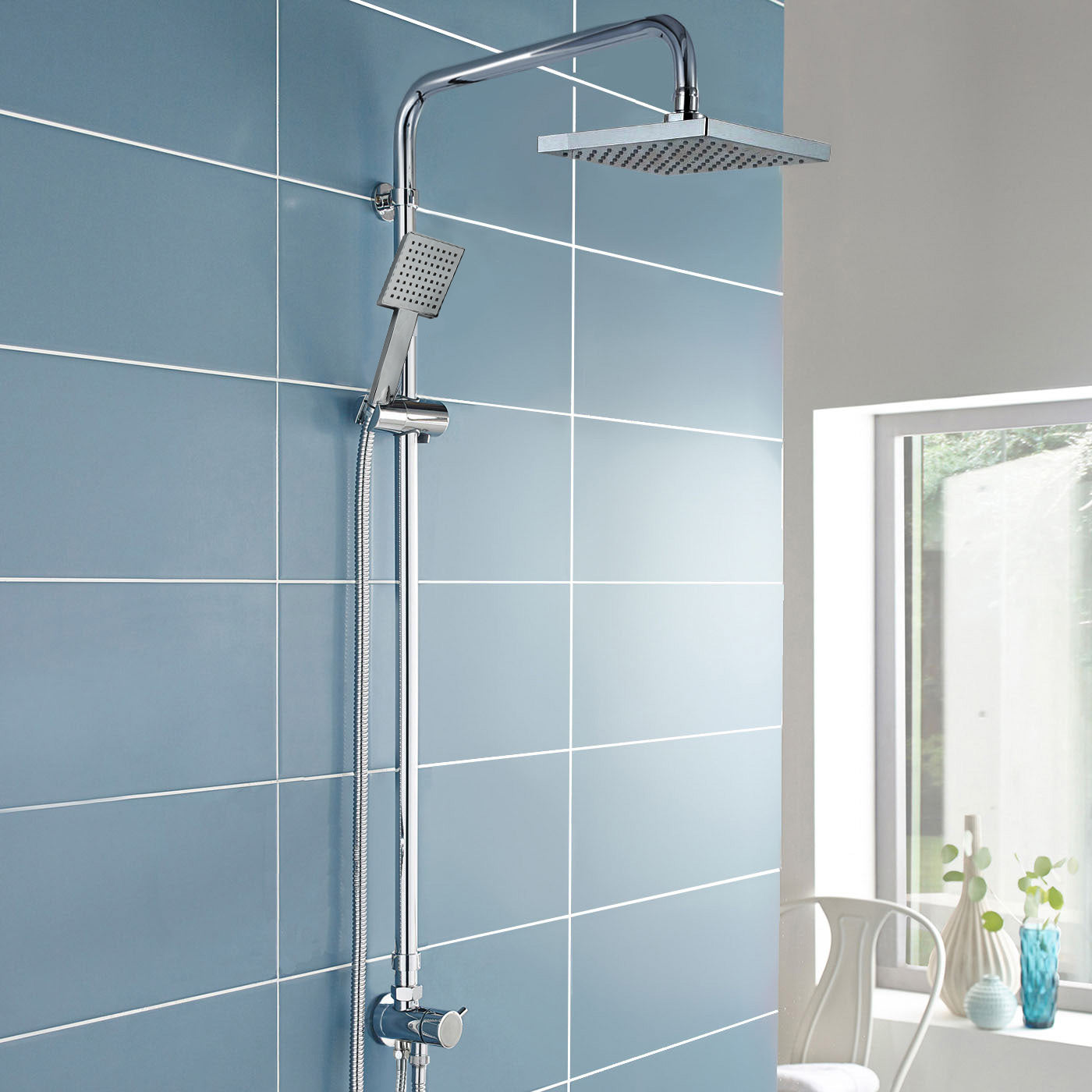 Chrome Thermostatic Square Exposed Shower Riser Rail with Handset & Deck Mounted Bath Shower Mixer Tap