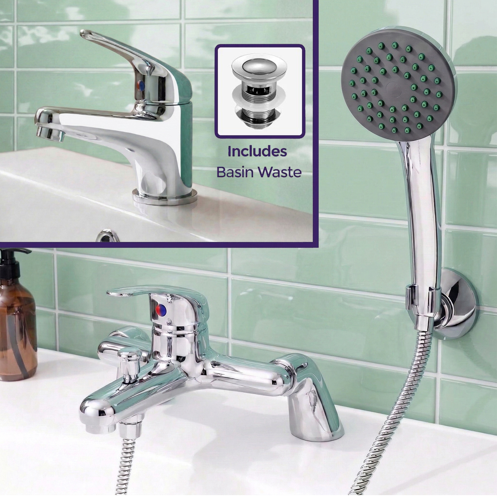 Studio Modern Chrome Basin Sink Mono Mixer Tap & Bath Shower Mixer Tap Set