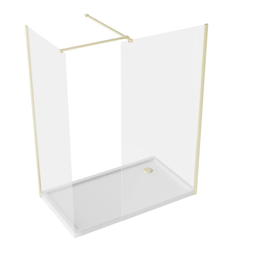 Brushed Brass 900 x 800mm Wet Room Screen 8mm Tempered Glass with Tray