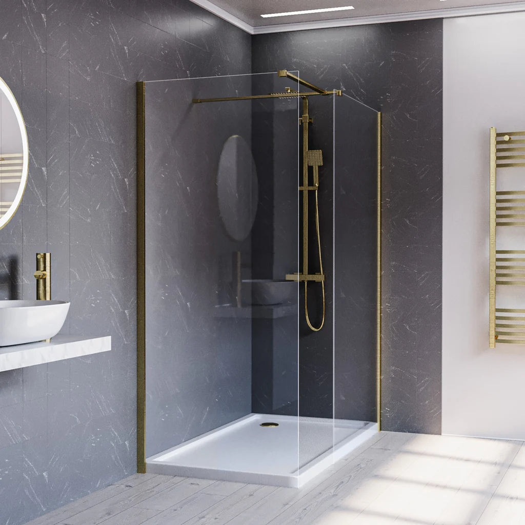 Brushed Brass 900 x 800mm Wet Room Screen 8mm Tempered Glass with Tray