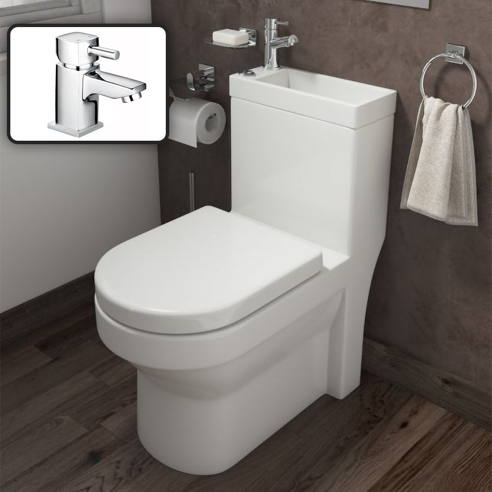 2 In 1 Compact Close Coupled Toilet and Basin Combo Space Saver Unit with Mono Basin Mixer Tap & Waste