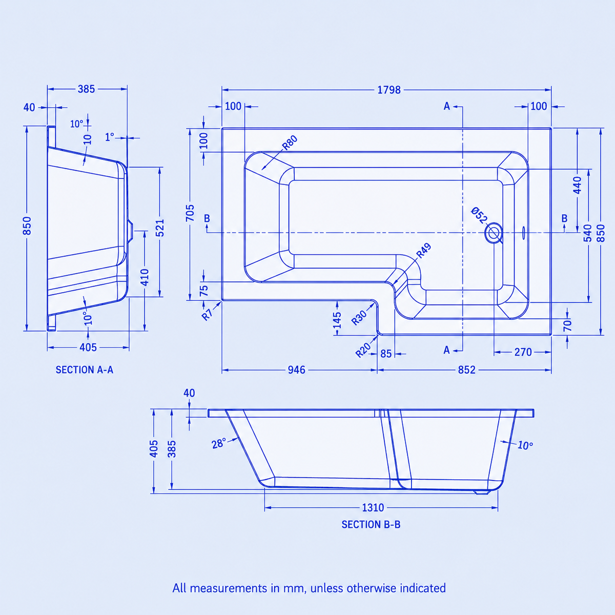 1800mm L Shaped Right Hand Shower Bath Acrylic